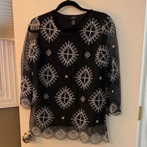 Alfani Black Top with White Lace Overlay